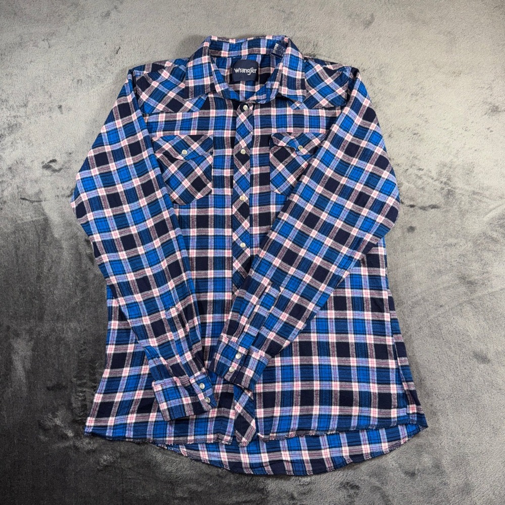 Wrangler Boys XXL 18-20 Blue Plaid Western Snap Long Sleeve Cotton Shirt BF099AA